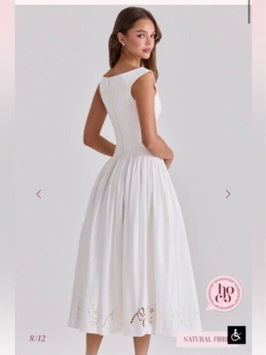 House of CB • Lauren Off-Shoulder White Midi Dress with Eyelet Hem - Picture 6 of 9